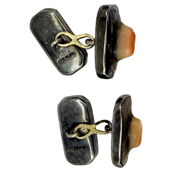 Antique 925 Sterling Silver Men's Cufflinks Abalone Mother Of Pearl Rectangle - Picture 10 of 16